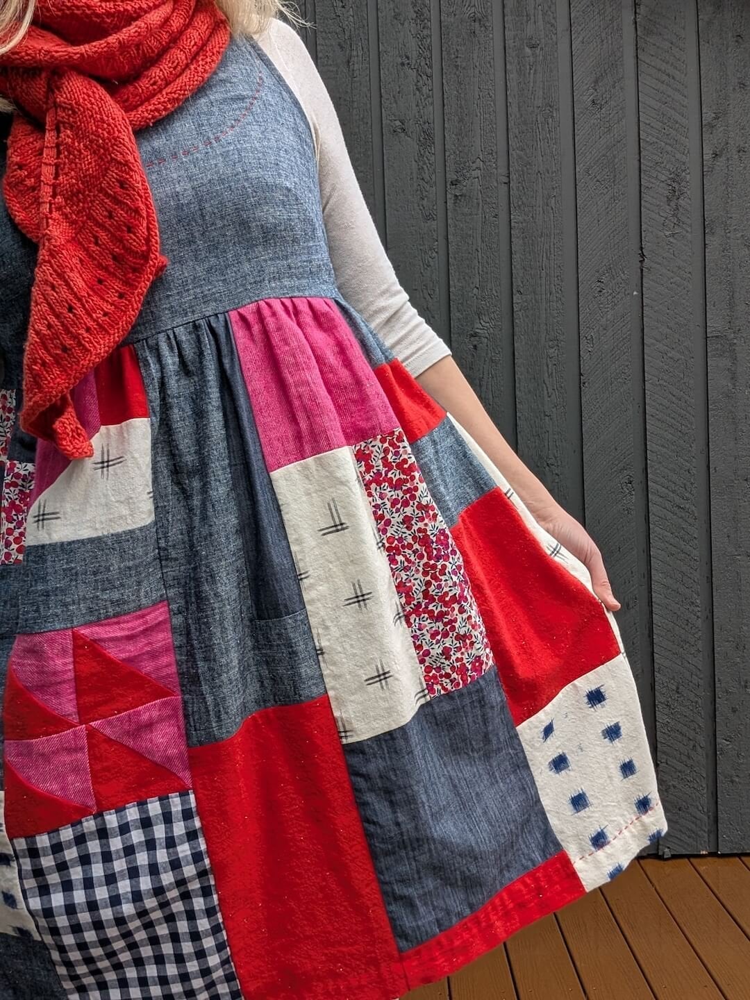 Patchwork Denim Pinafore Dress Over Long Sleeve Top Patchwork Denim Pinafore Dress Over Long Sleeve Top — DIY Dress Designs