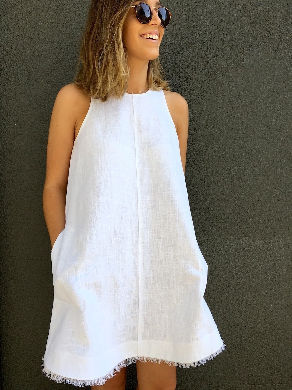 White Linen A-line Shift Dress With Frayed Hem White Linen A-line Shift Dress With Frayed Hem — DIY Dress Designs