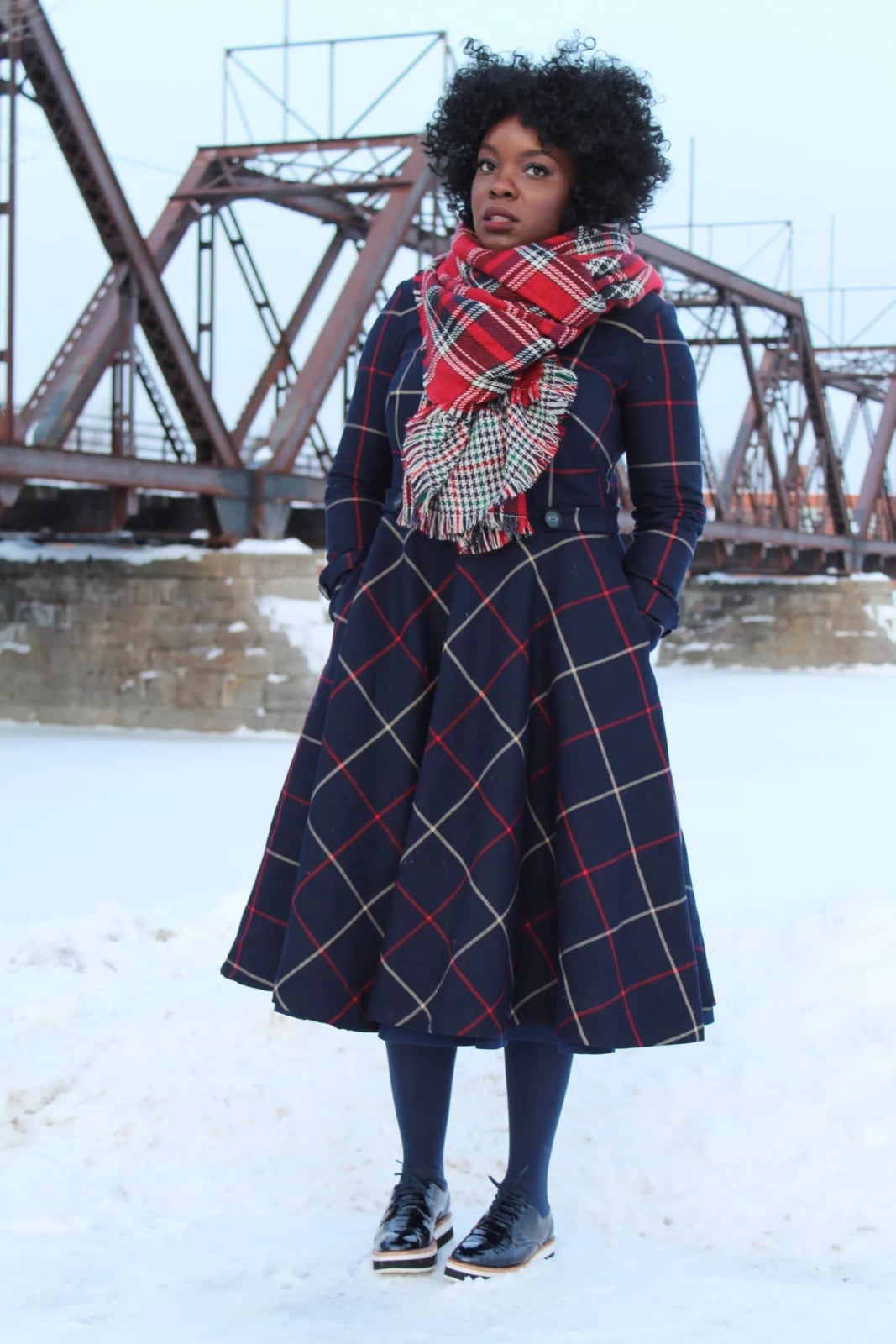 Navy Plaid Fit and Flare Midi Dress With Scarf Navy Plaid Fit and Flare Midi Dress With Scarf — DIY Dress Designs