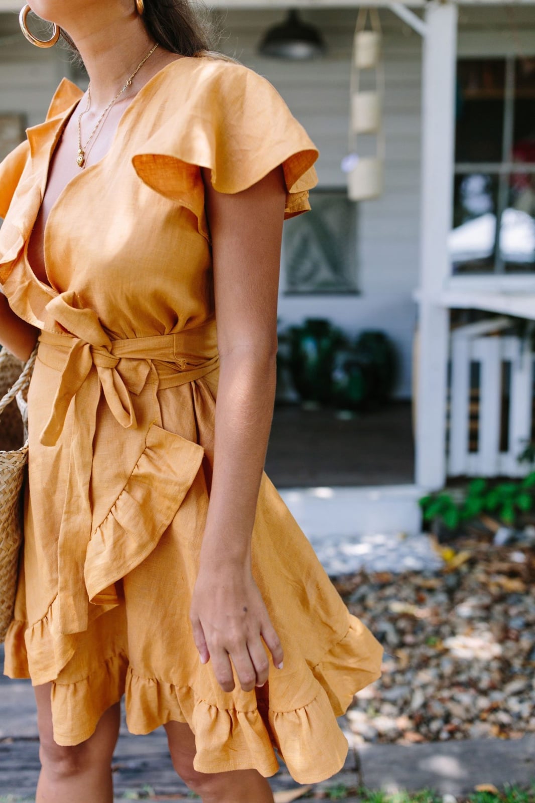 Ochre Linen Wrap Dress With Ruffle Hem Ochre Linen Wrap Dress With Ruffle Hem — DIY Dress Designs