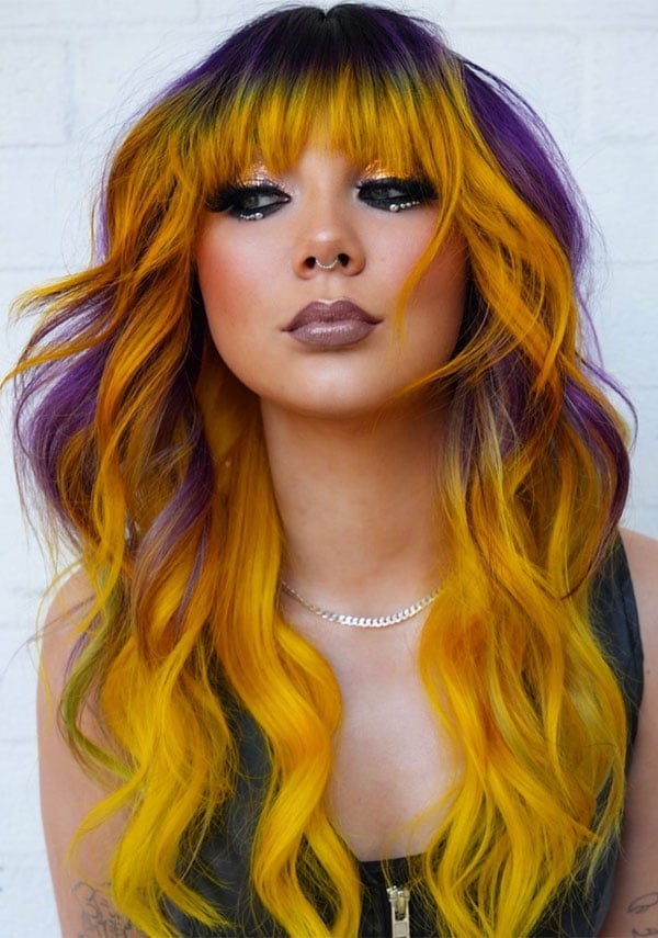 Shoulder Shag With Yellow and Purple Streaks Shoulder Shag With Yellow and Purple Streaks — Dye Hair Inspiration
