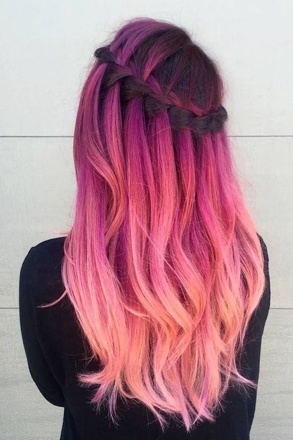 Mid-Back Pink To Orange Ombré With Braids Mid-Back Pink To Orange Ombré With Braids — Dye Hair Inspiration