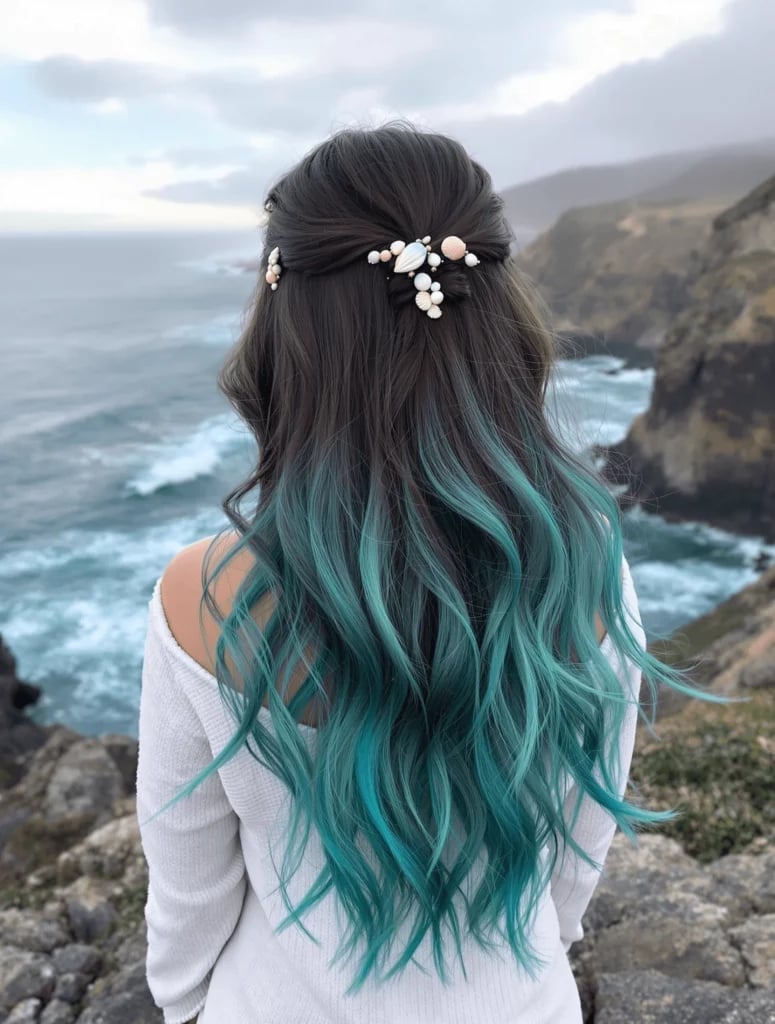 Mid-Back Wavy Hair With Teal Ombre Mid-Back Wavy Hair With Teal Ombre — Dye Hair Inspiration
