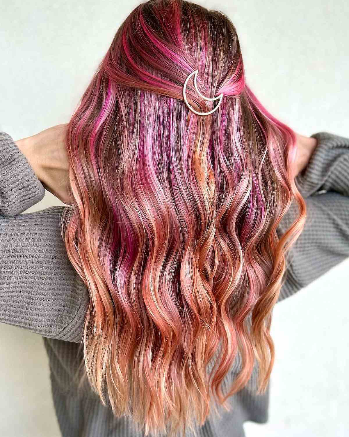 Mid-Back Half-Up Style With Pink Coral Balayage Mid-Back Half-Up Style With Pink Coral Balayage — Dye Hair Inspiration