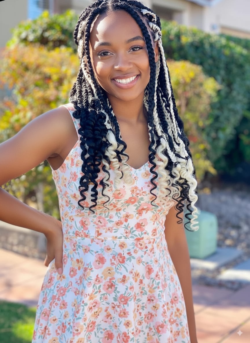 Two-Tone Mid-Back Box Braids With Curls — Easy Braided Hairstyles Natural Hair
