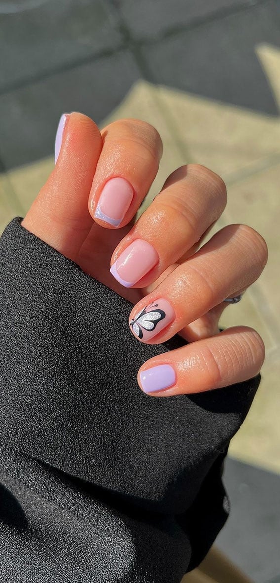 Pink Butterfly Lavender Line Short Square Nails Pink Butterfly Lavender Line Short Square Nails — Easy Nail Art Ideas