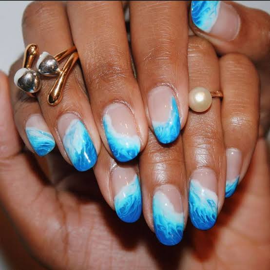 Medium Oval Blue White Tip Wave Nails Medium Oval Blue White Tip Wave Nails — Easy Wave Nails