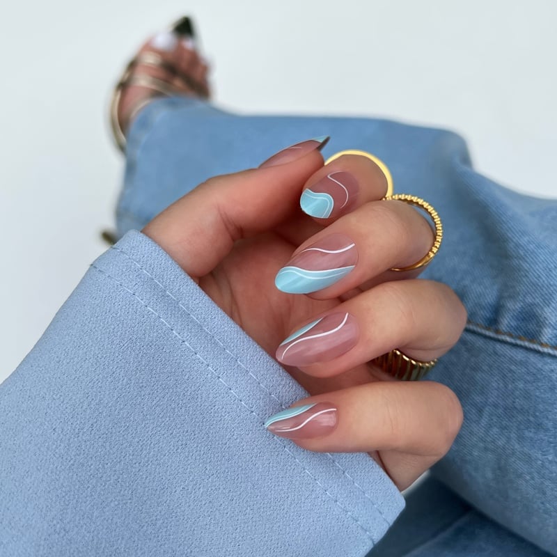Medium Almond Light Blue White Thin Wave Nails Medium Almond Light Blue White Thin Wave Nails — Easy Wave Nails