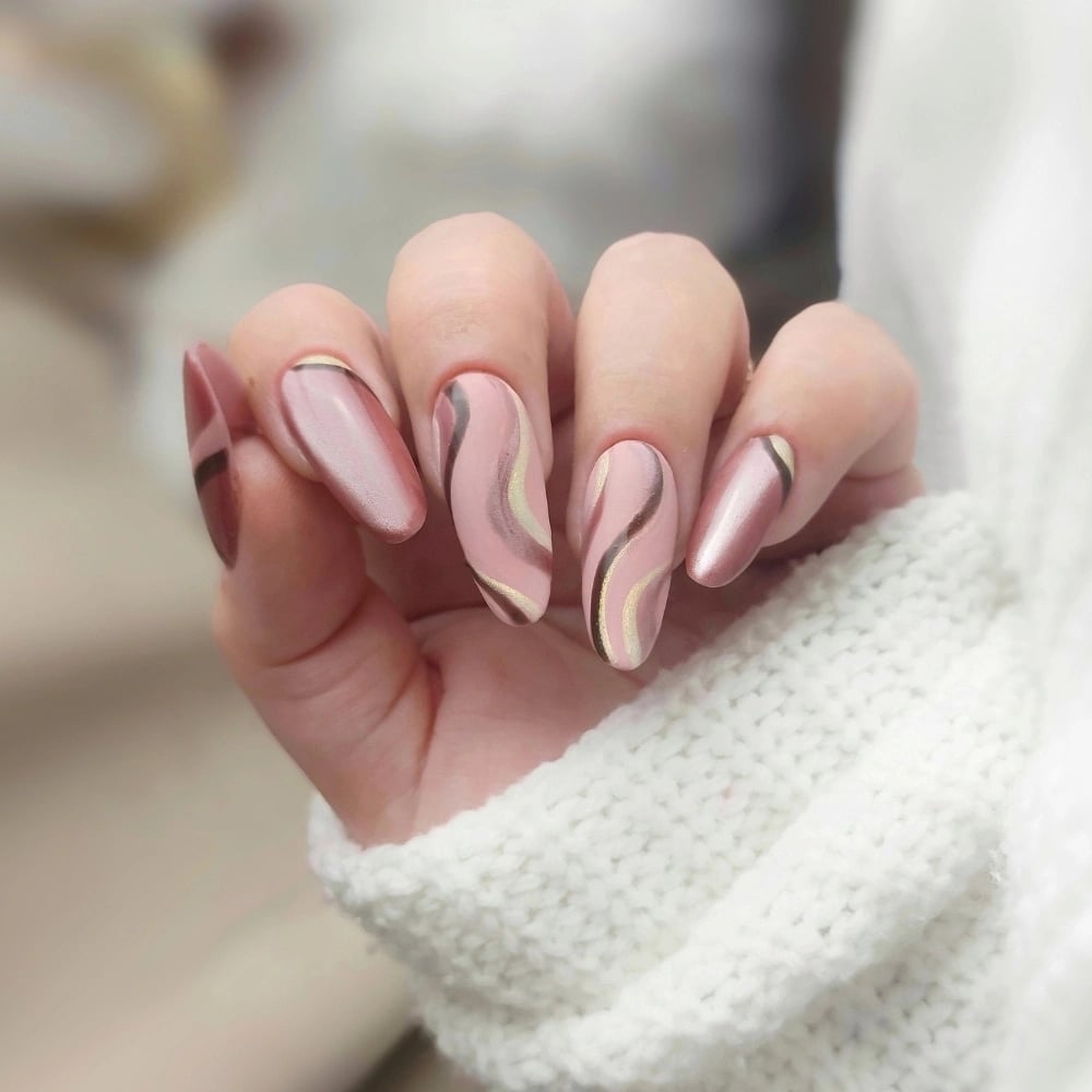 Medium Square Pink Gold Silver Brown Wave Nails Medium Square Pink Gold Silver Brown Wave Nails — Easy Wave Nails
