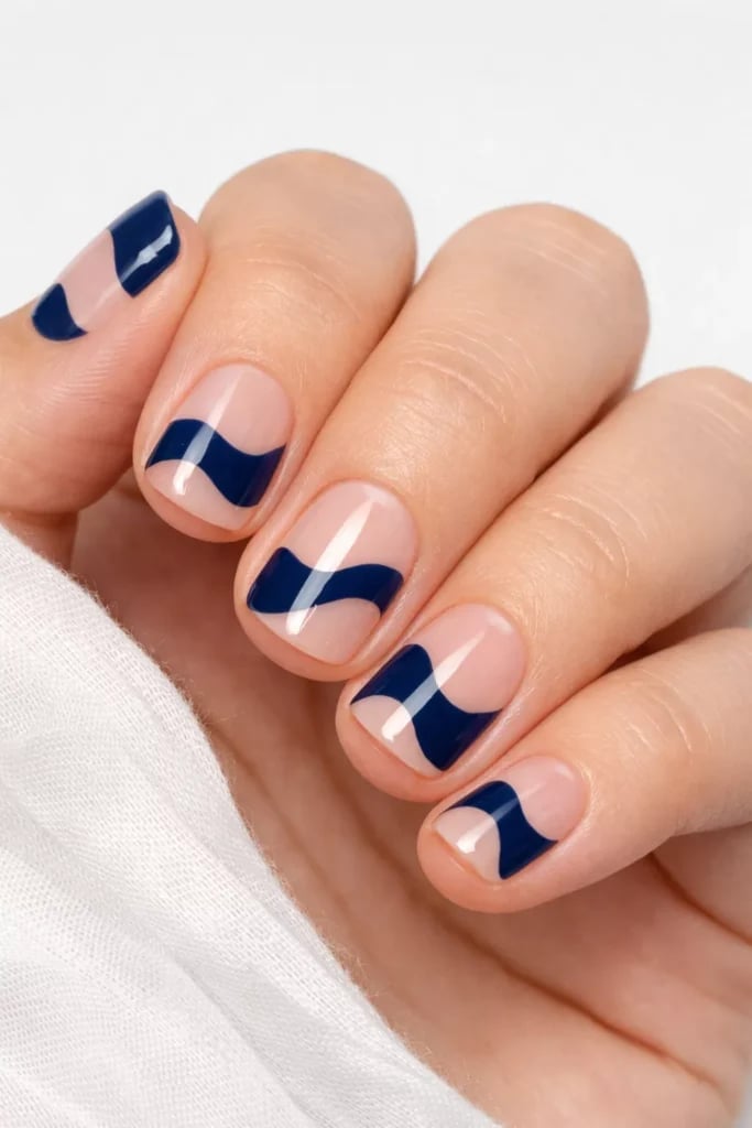 Short Square Dark Navy Wavy Line Nails Short Square Dark Navy Wavy Line Nails — Easy Wave Nails