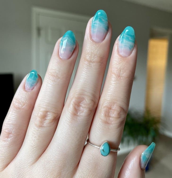 Medium Oval Turquoise and White Ombre Wave Nails Medium Oval Turquoise and White Ombre Wave Nails — Easy Wave Nails
