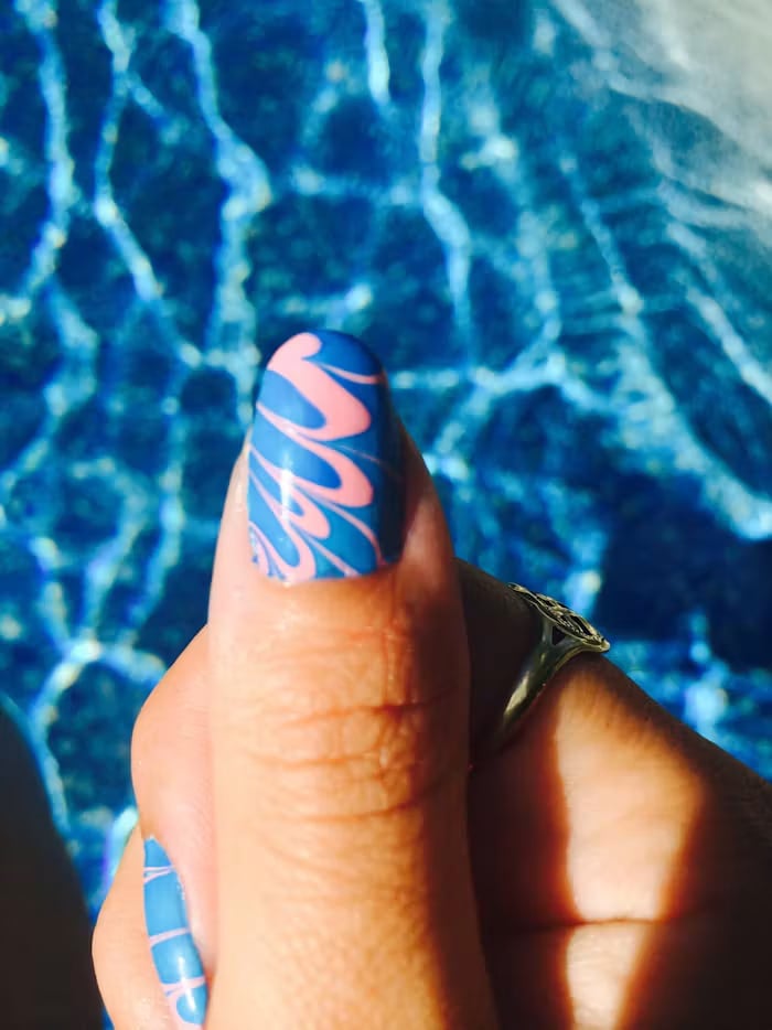Medium Almond Blue Pink Swirl Nails Medium Almond Blue Pink Swirl Nails — Easy Wave Nails