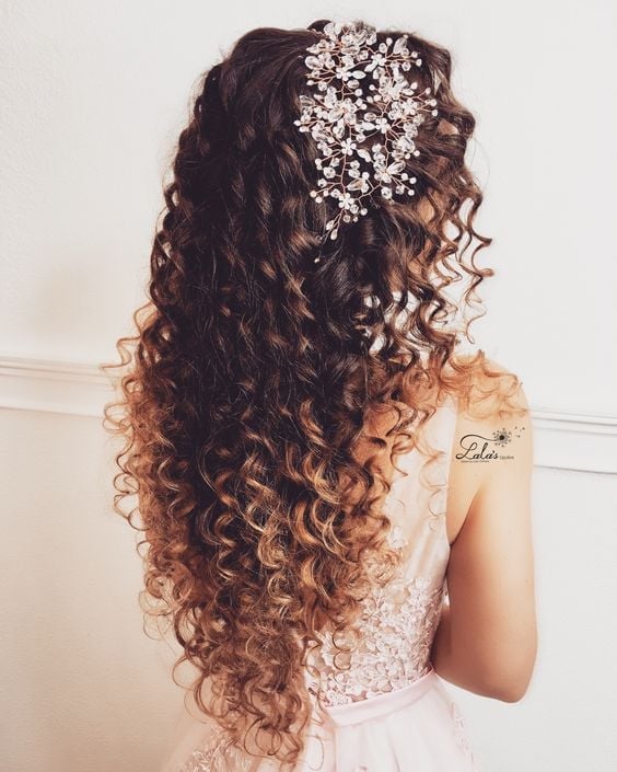 Abundant Defined Curls With Crystal Accessory — Easy Wedding Hairstyles for Long Hair