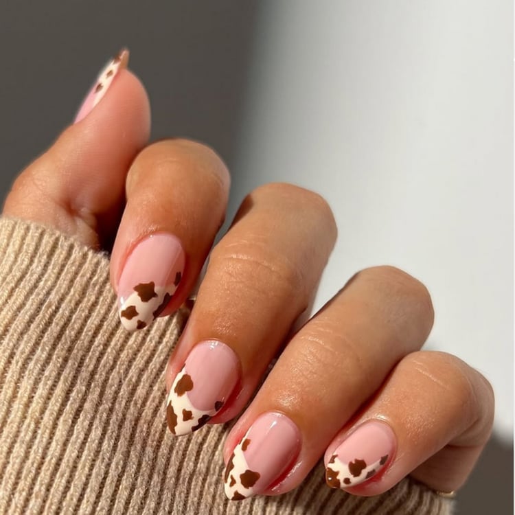 Medium Almond Pink Base With Cow Print French Tips — Easy Western Nails