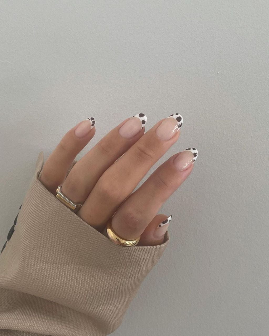 Medium Almond Nude Base With Cow Print French Tips, Close-Up Take — Easy Western Nails