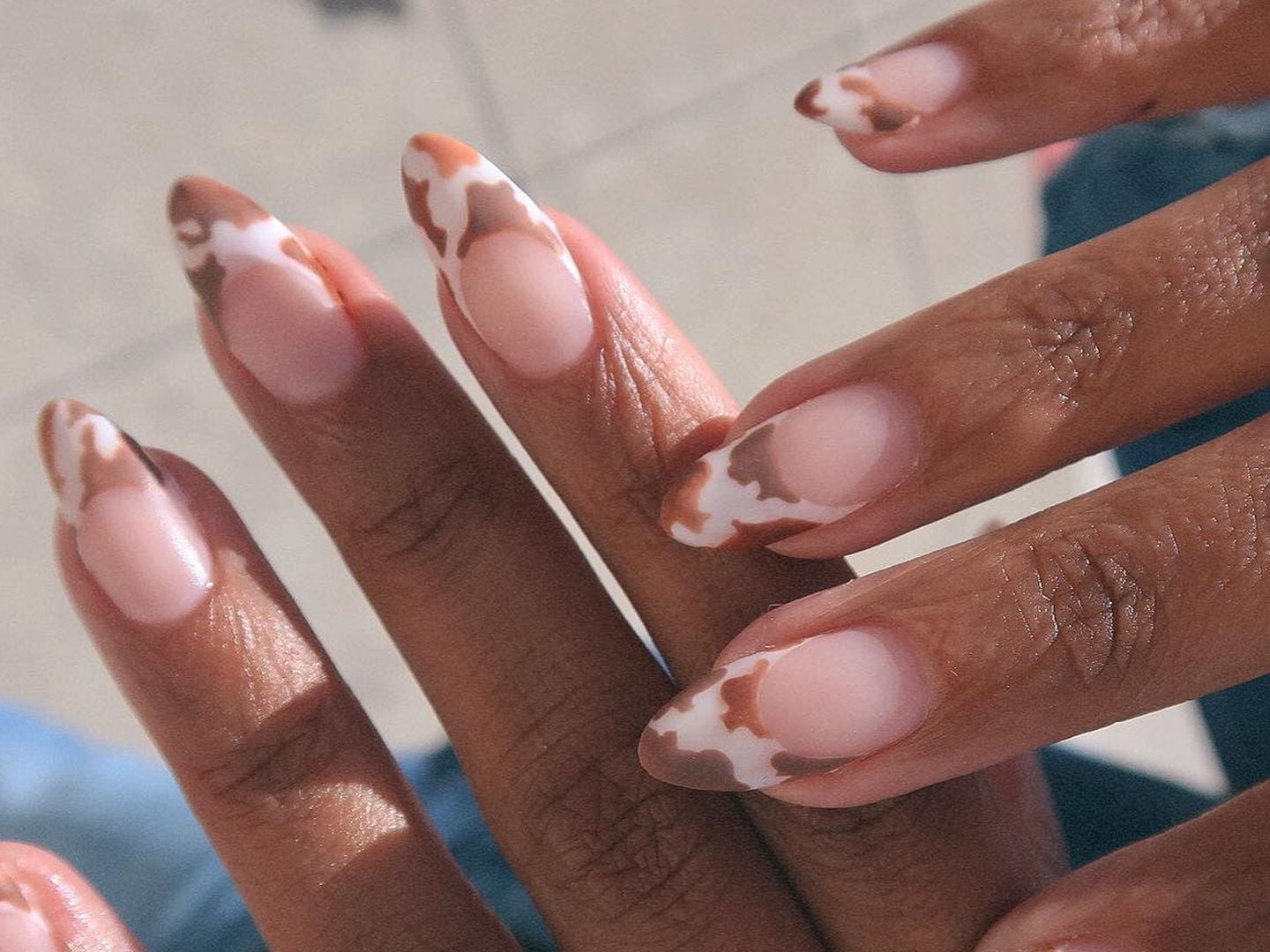 Medium Almond Sheer Nude With Cow Print Tips — Easy Western Nails