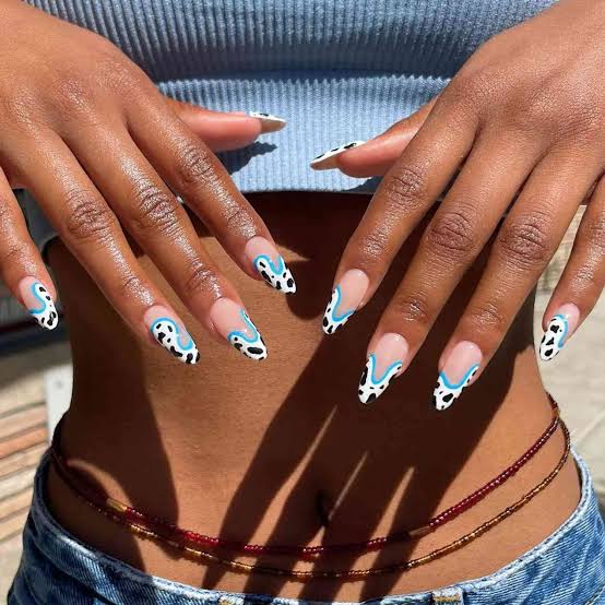 Medium Almond Nude With Cow Print And Blue Lines, Glossy — Easy Western Nails