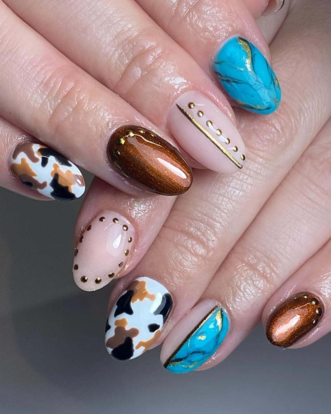Short Almond Nails With Turquoise Stone Effect — Easy Western Nails