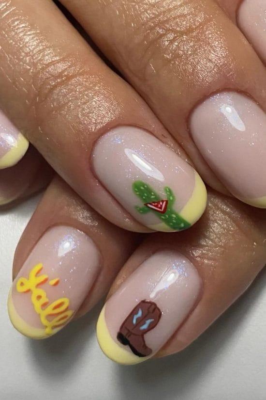 Short Almond Nails With Cactus And Cowboy Boot Art — Easy Western Nails