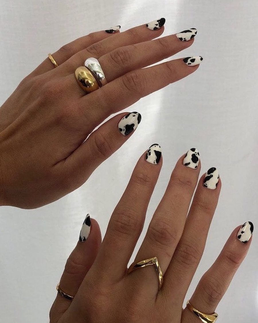 Medium Almond Nails With Black And White Cow Print — Easy Western Nails
