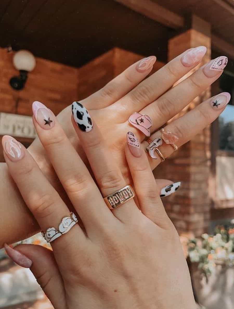 Short Almond Nails With Mixed Western Patterns — Easy Western Nails