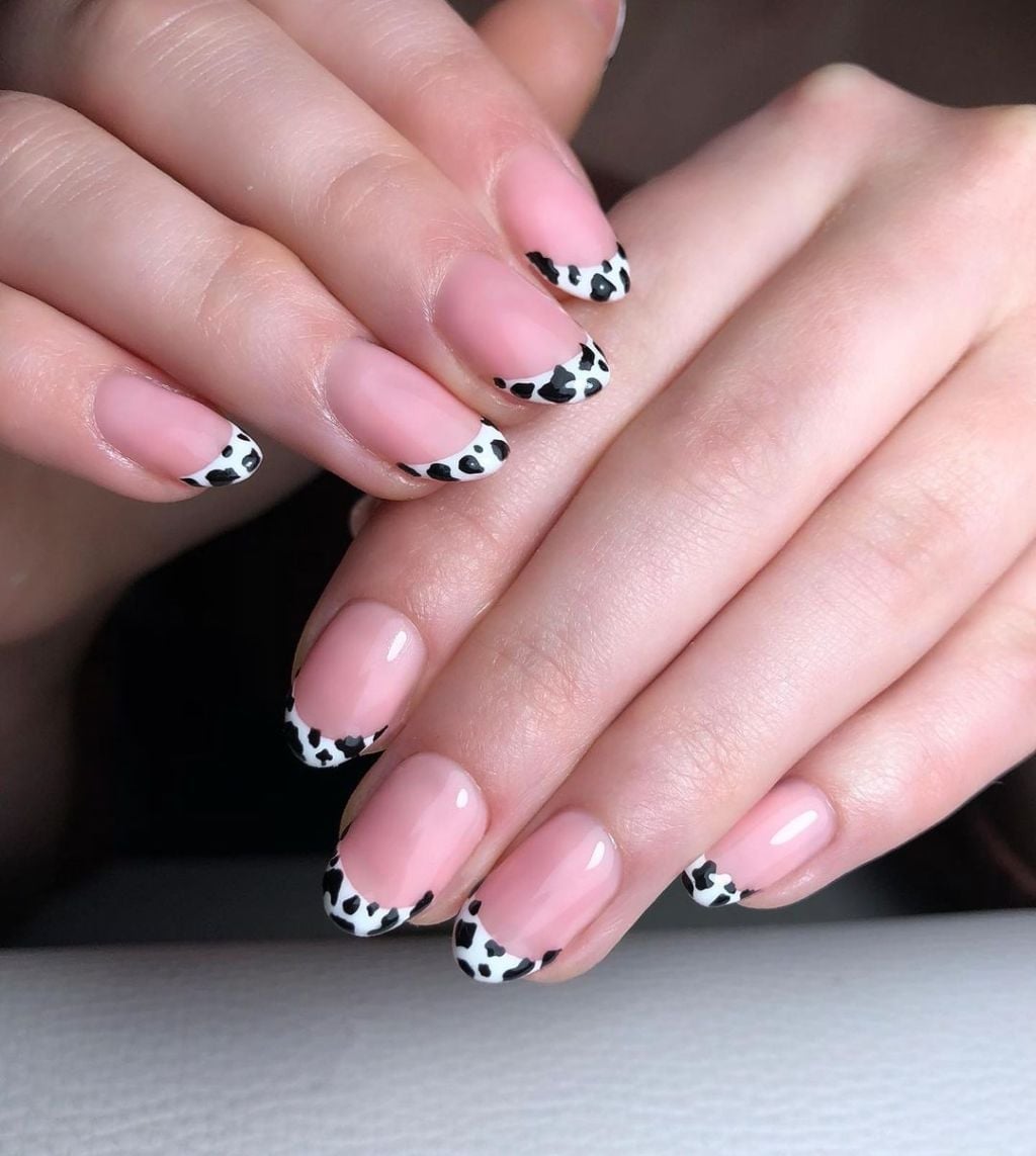 Short Square Nails With Pink Base And Cow Print French Tips, Glossy — Easy Western Nails