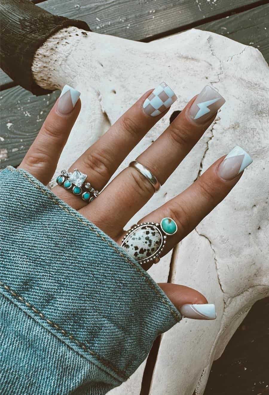 Short Rounded Square Nails With Geometric French Tips — Easy Western Nails