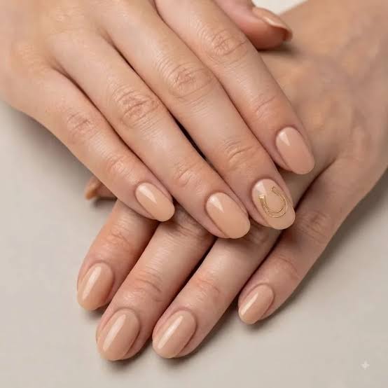 Medium Almond Nails With Nude Base And Gold Horseshoe — Easy Western Nails