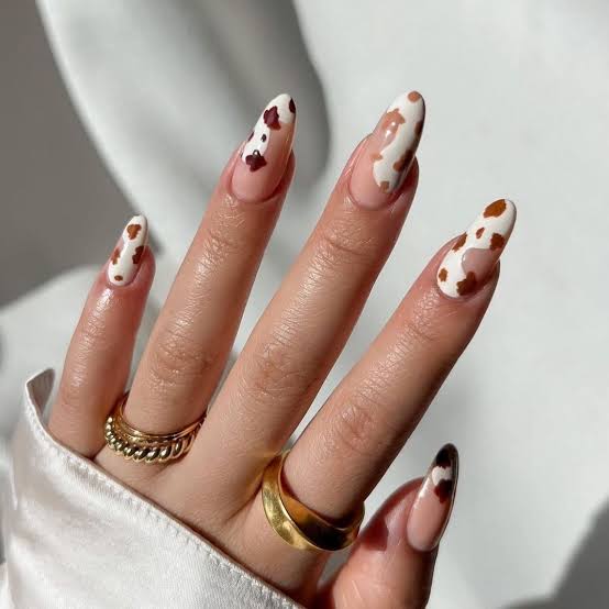 Long Almond Nails With Brown And White Cow Print — Easy Western Nails
