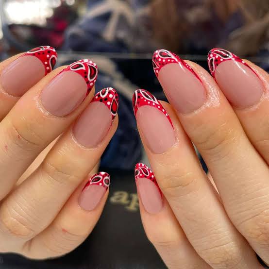 Medium Oval French Tips With Paisley Pattern — Easy Western Nails