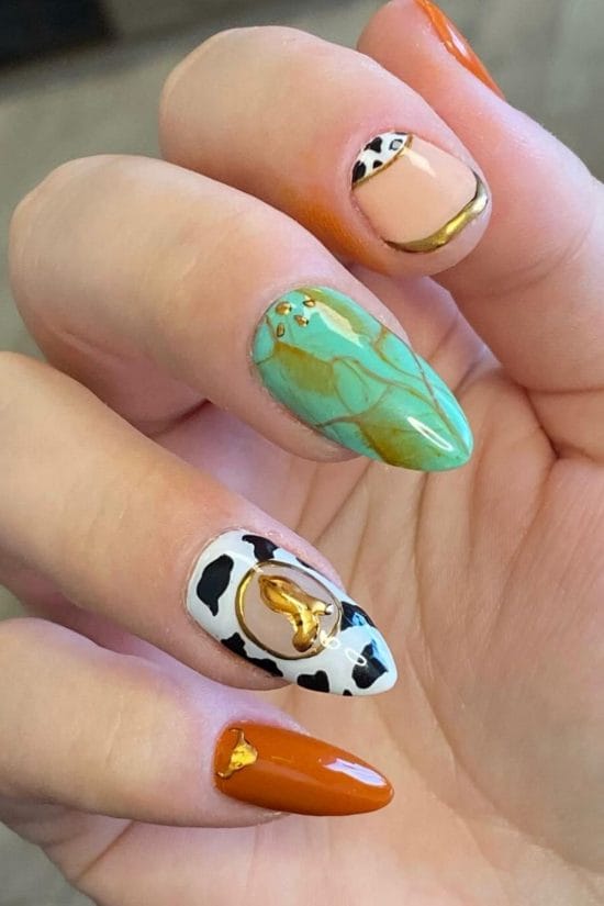 Long Coffin Nails With Cow Print Tips And Turquoise Skull — Easy Western Nails