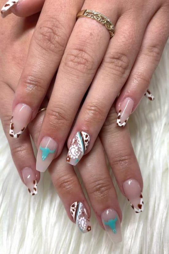 Long Coffin Nails With Cow Print Tips And Lace Art, Glossy — Easy Western Nails