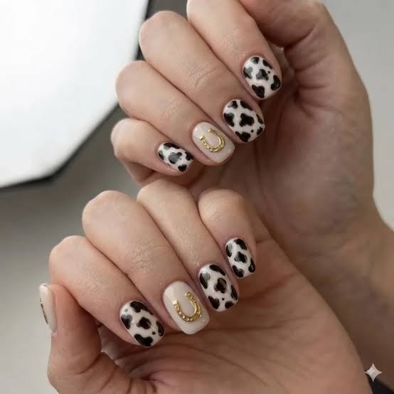 Medium Oval Nails With Cow Print And Horseshoe Charm — Easy Western Nails