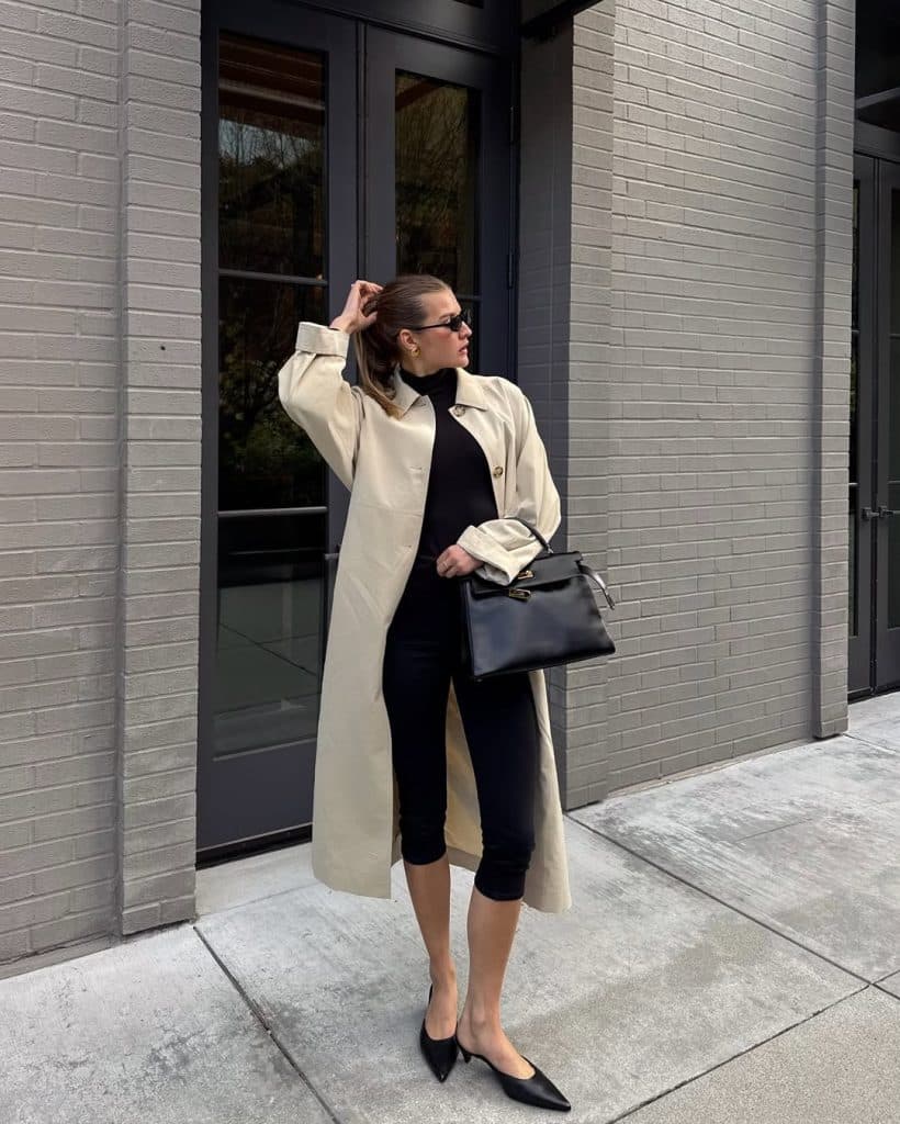 Black Capri Pants With Beige Trench Coat — Elegant Black Capri Pants Outfit