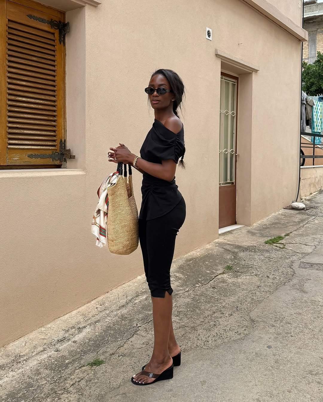 Black Capri Pants With Off-The-Shoulder Top — Elegant Black Capri Pants Outfit