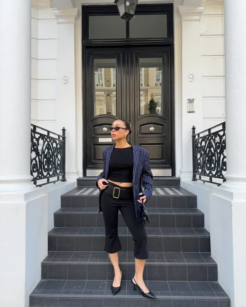 Black Capri Pants With Pinstripe Blazer — Elegant Black Capri Pants Outfit