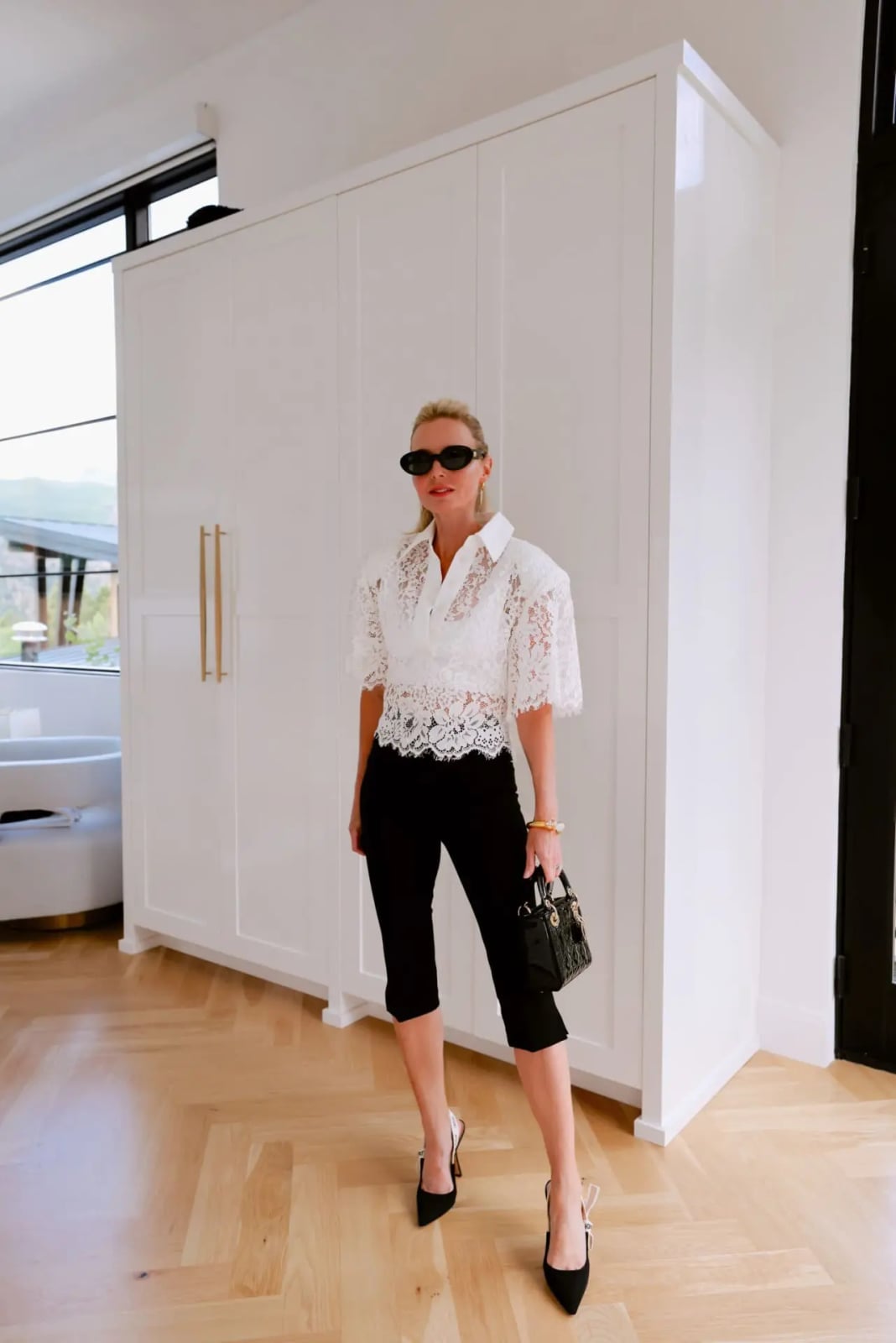 Black Capri Pants With White Lace Blouse — Elegant Black Capri Pants Outfit
