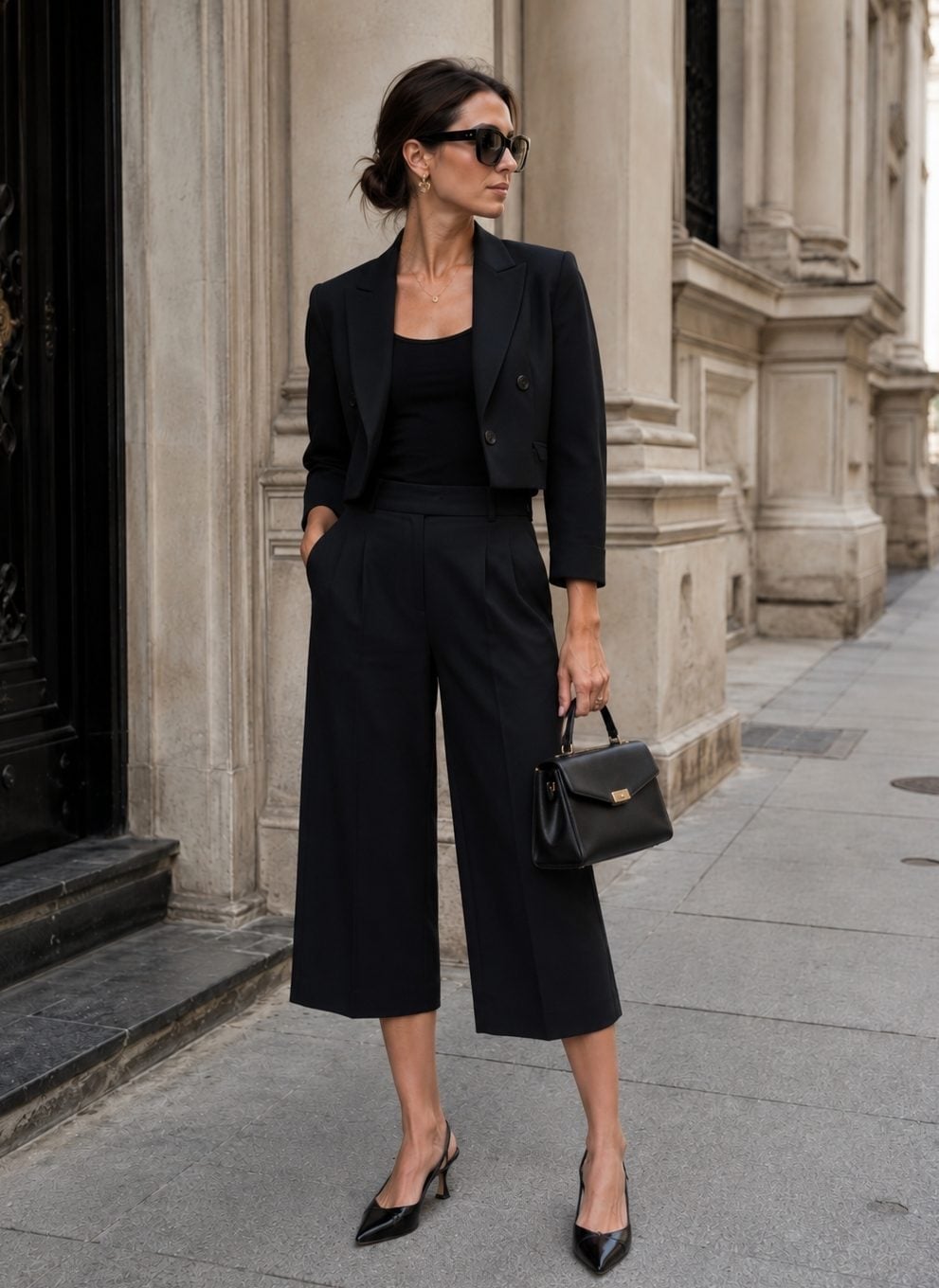 Wide Leg Black Capri Pants With Cropped Blazer — Elegant Black Capri Pants Outfit