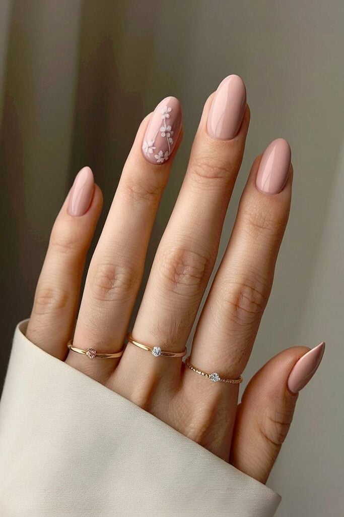 Sheer Nude Almond Nails with White Floral Vine Design — Elegant Bridal Nails