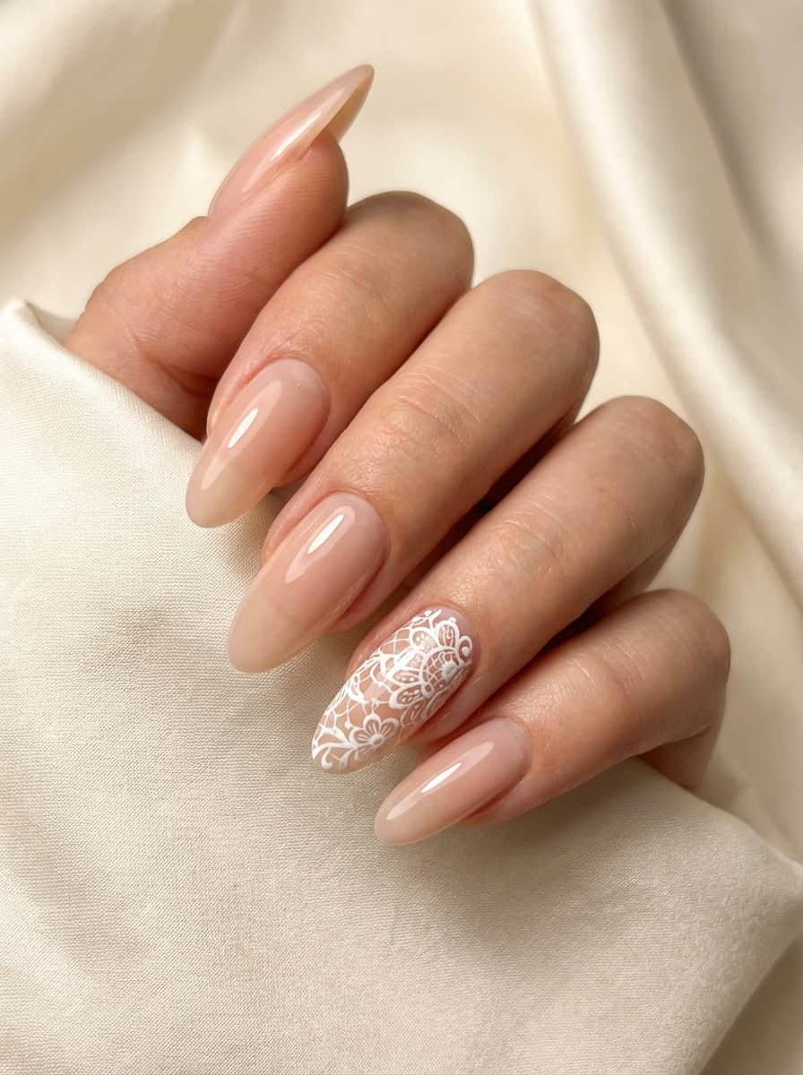 Sheer Nude Almond Nails with White Lace Pattern — Elegant Bridal Nails