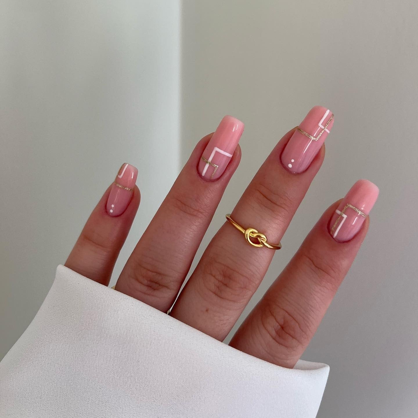 Pale Pink Square Nails with Geometric Gold Lines — Elegant Bridal Nails