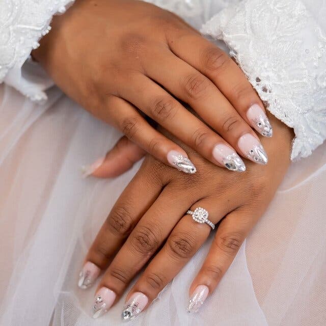 Nude Almond Nails with Silver Glitter Tips and Rhinestones — Elegant Bridal Nails