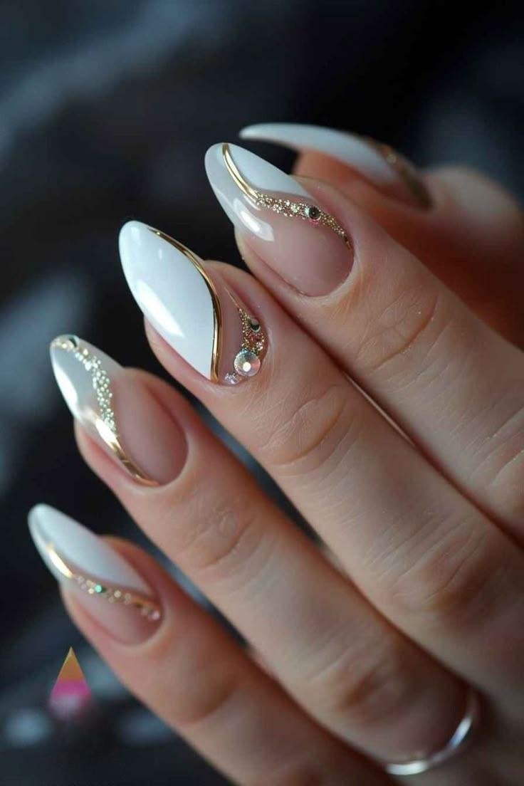 Almond Nails with Gold Accents and Rhinestones — Elegant Bridal Nails