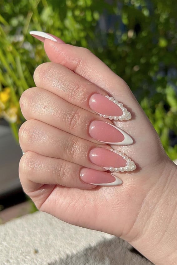 Sheer Pink Almond Nails with Pearl French Smile Line — Elegant Bridal Nails