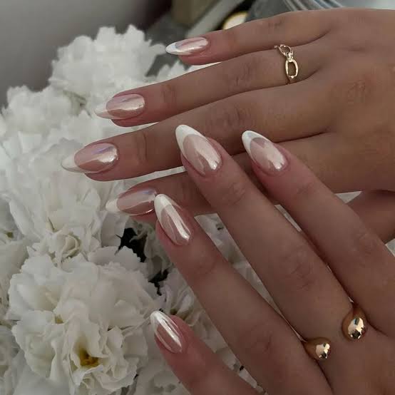 Nude Almond Nails with Chrome French Tips — Elegant Bridal Nails