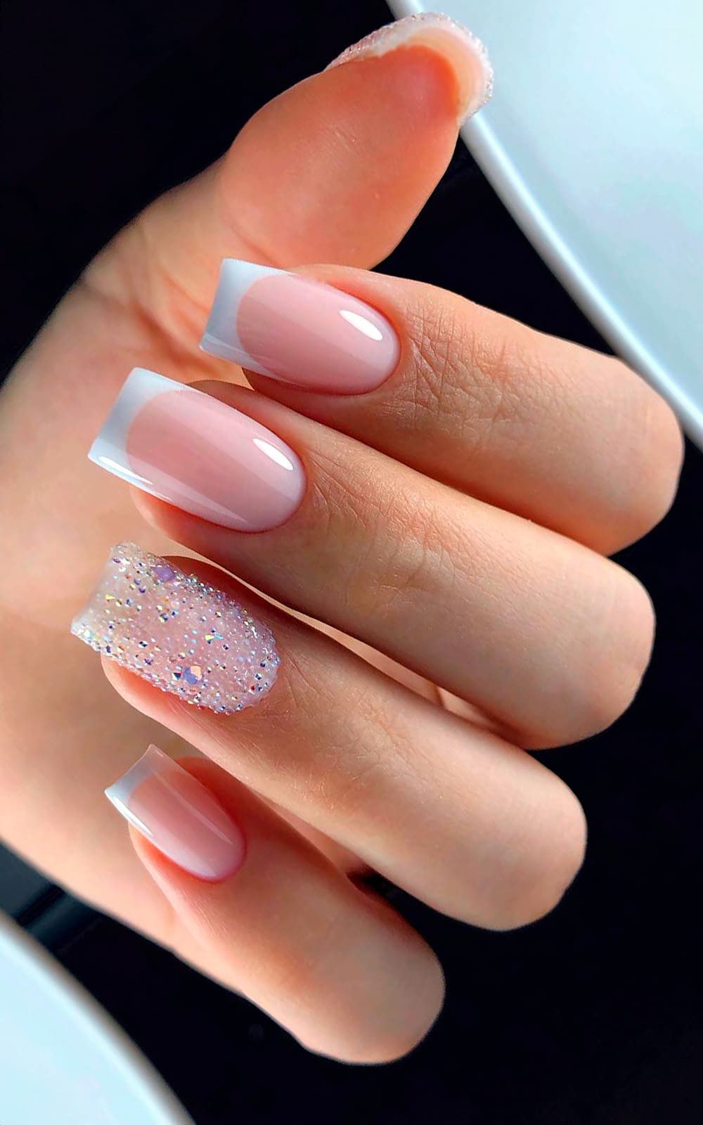 Square Pink Nude Nails with Glitter Accent Nail — Elegant Bridal Nails