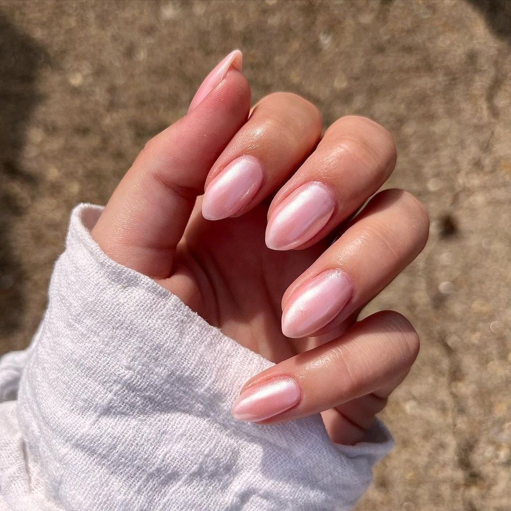 Sheer Pink Almond Nails with Pearlescent Sheen — Elegant Bridal Nails