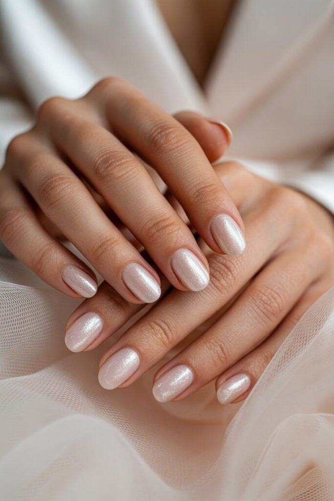 Short Oval Nails with Pale Pearlescent Shimmer — Elegant Bridal Nails