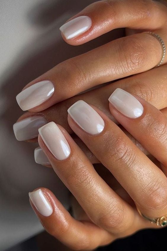 Short Square Nails with Milky White Pearlescent Shimmer — Elegant Bridal Nails