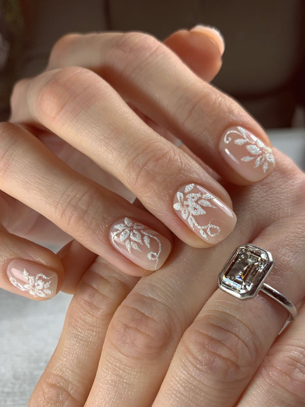 Short Oval Nails with Delicate White Lace Pattern — Elegant Bridal Nails
